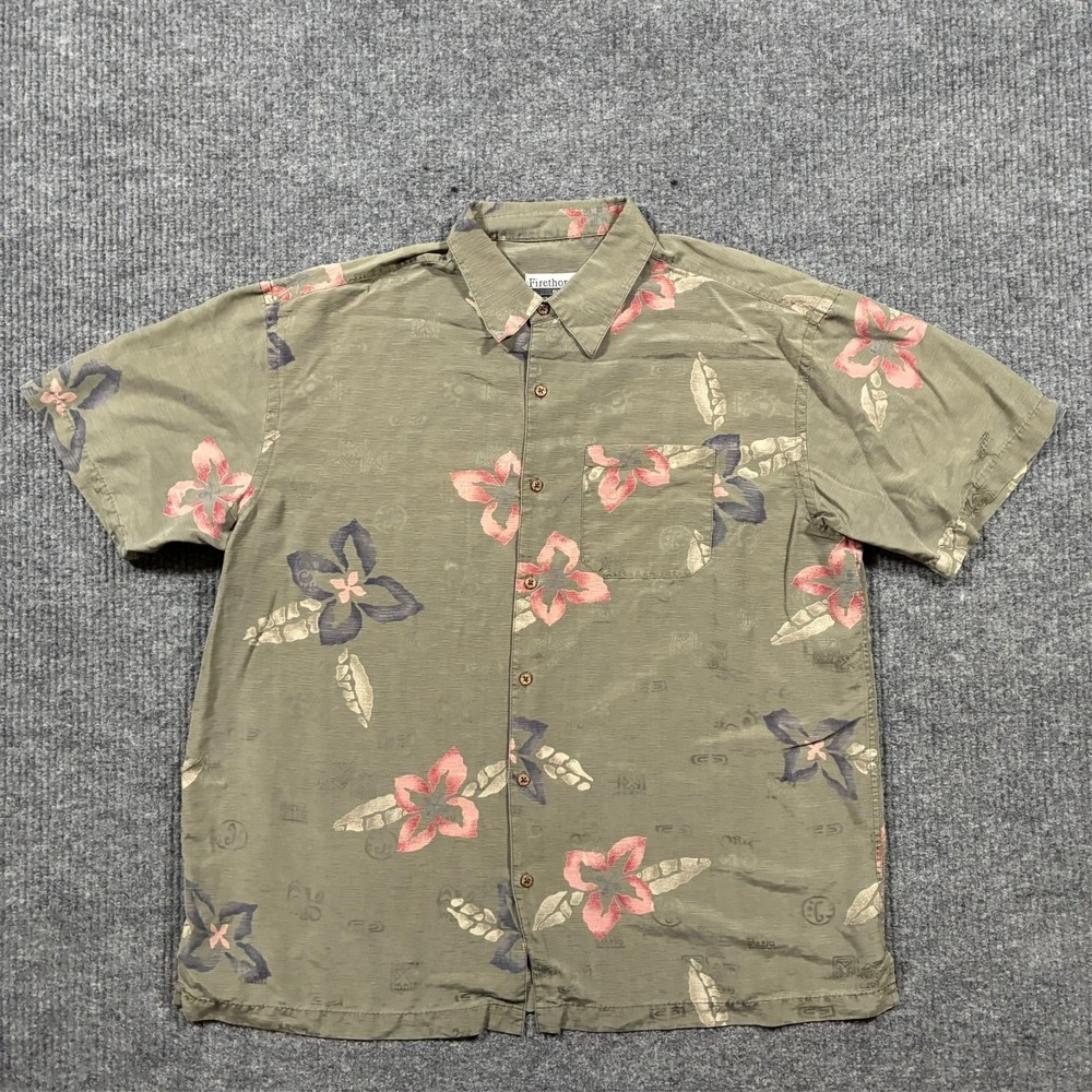 Vintage Firethorn Mens Button Up Shirt XL Floral Silk Aloha Hawaiian Olive‎ Y2K